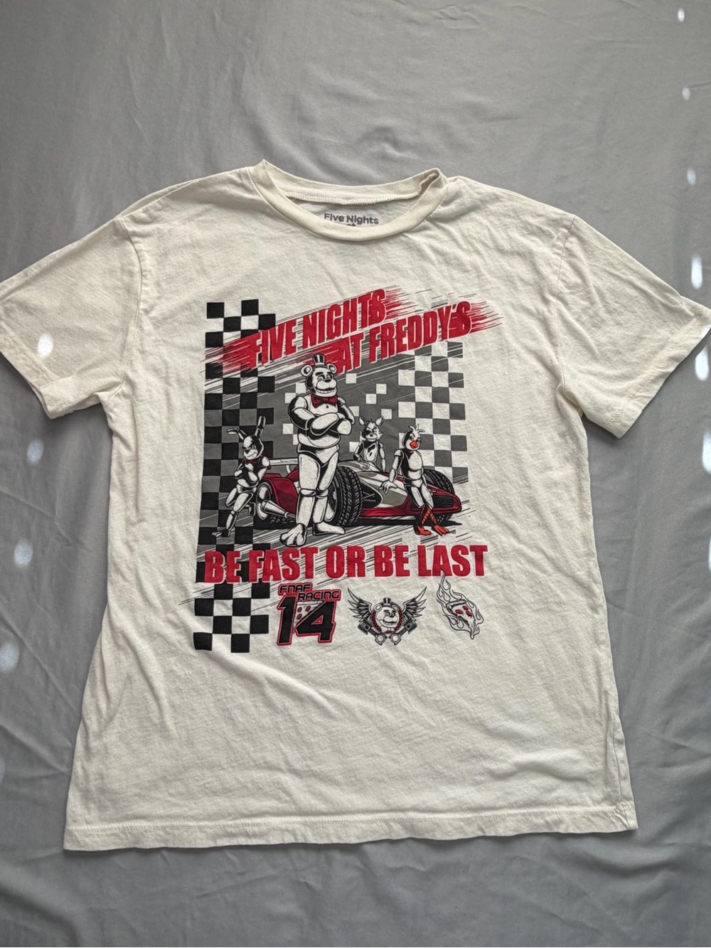 Five Nights at Freddy's White Racing Graphic Tee - Be Fast or Be Last